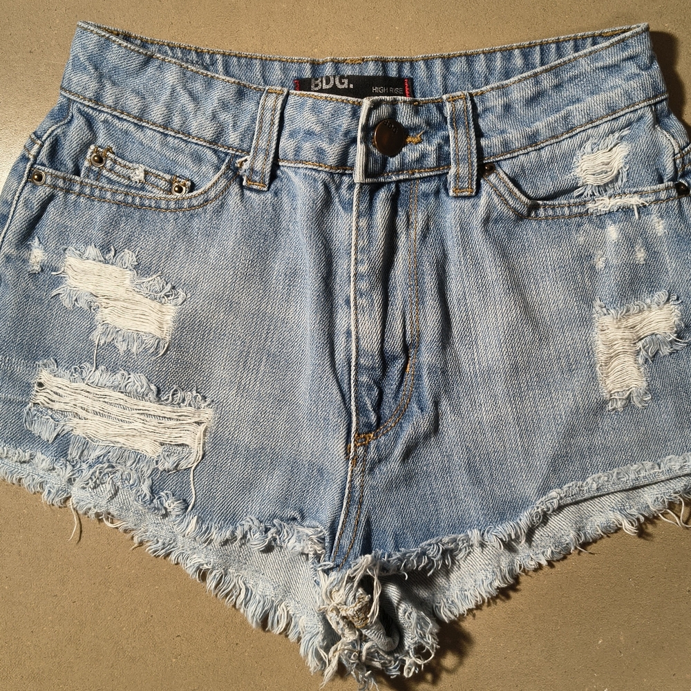 BDG Women's Distressed High Rise Cheeky Light Blue Denim Shorts
